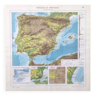 Carte Espagne et Portugal en couleurs vintage 43x43cm de 1950