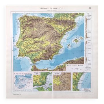 Vintage map of Spain and Portugal in colour, 43x43cm from 1950.
