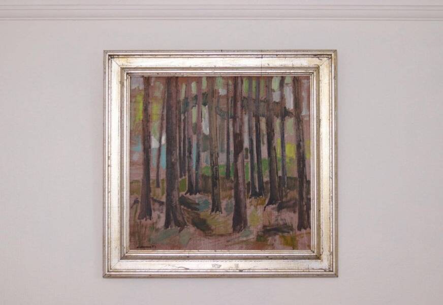 Original mid-century Swedish oil on panel – “Tree Trunks” by Harry Wichmann – dated 1953 – vintage & framed – 69 × 71 cm