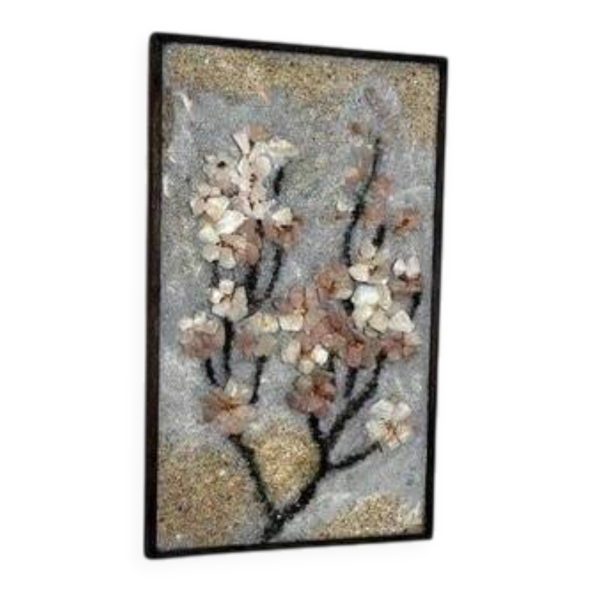 Swedish Stone work on Panel “Äppelblom” By Olga Aue‑Birkfeldt, Framed 52×32cm