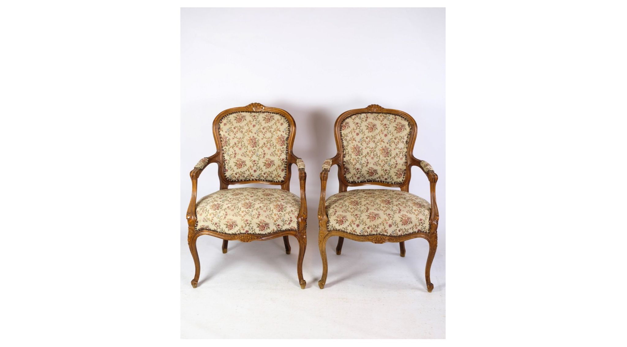 Pair of Neo-Rococo Armchairs with Decorated Fabric in Light Wood