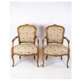 Pair of Neo-Rococo Armchairs with Decorated Fabric in Light Wood