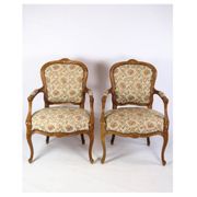 Pair of Neo-Rococo Armchairs with Decorated Fabric in Light Wood