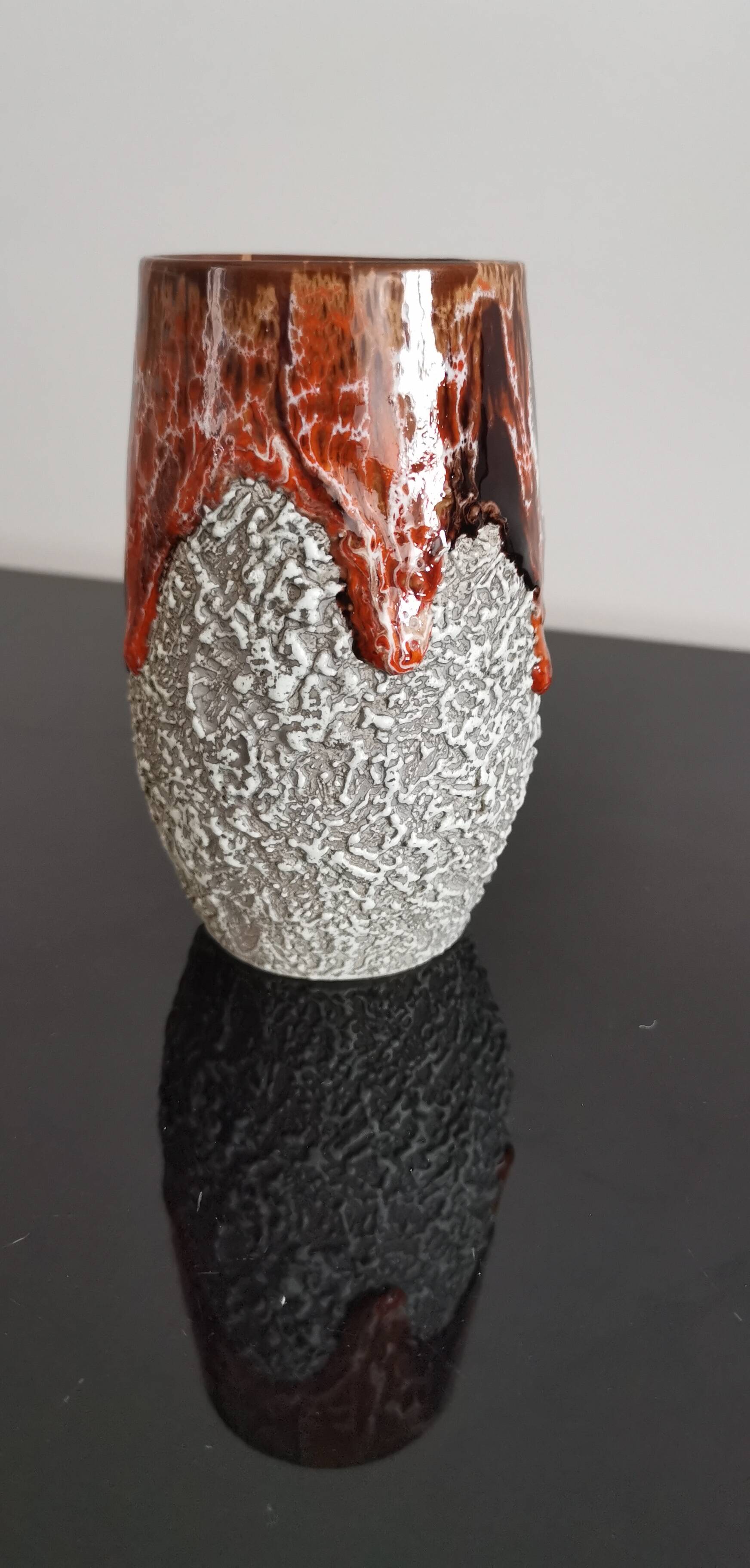 Zoomorphic vase in fat lava orange/brown flamed Vallauris style ceramic