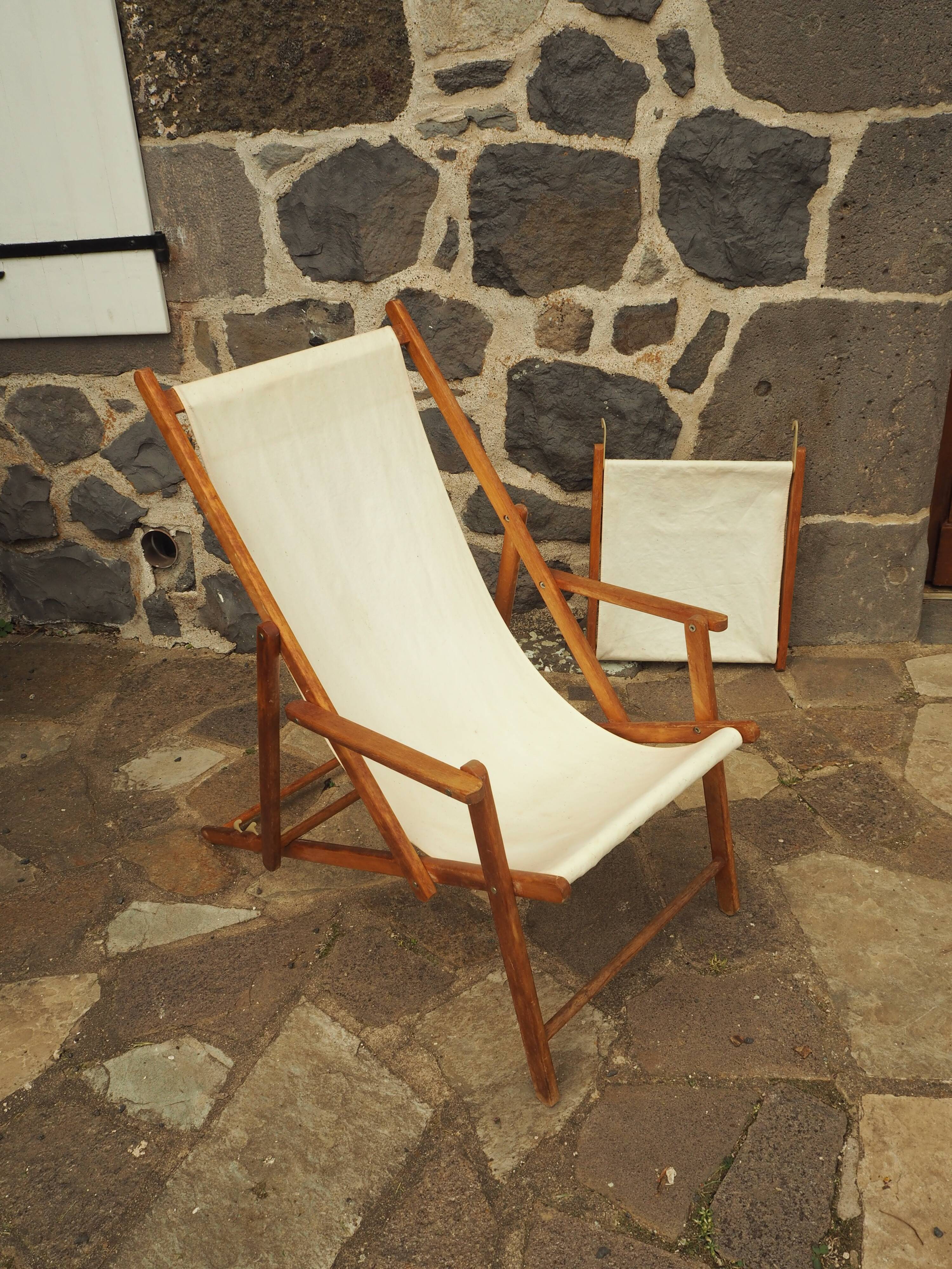 Deckchair with extension chaise longue, in wood and fabric