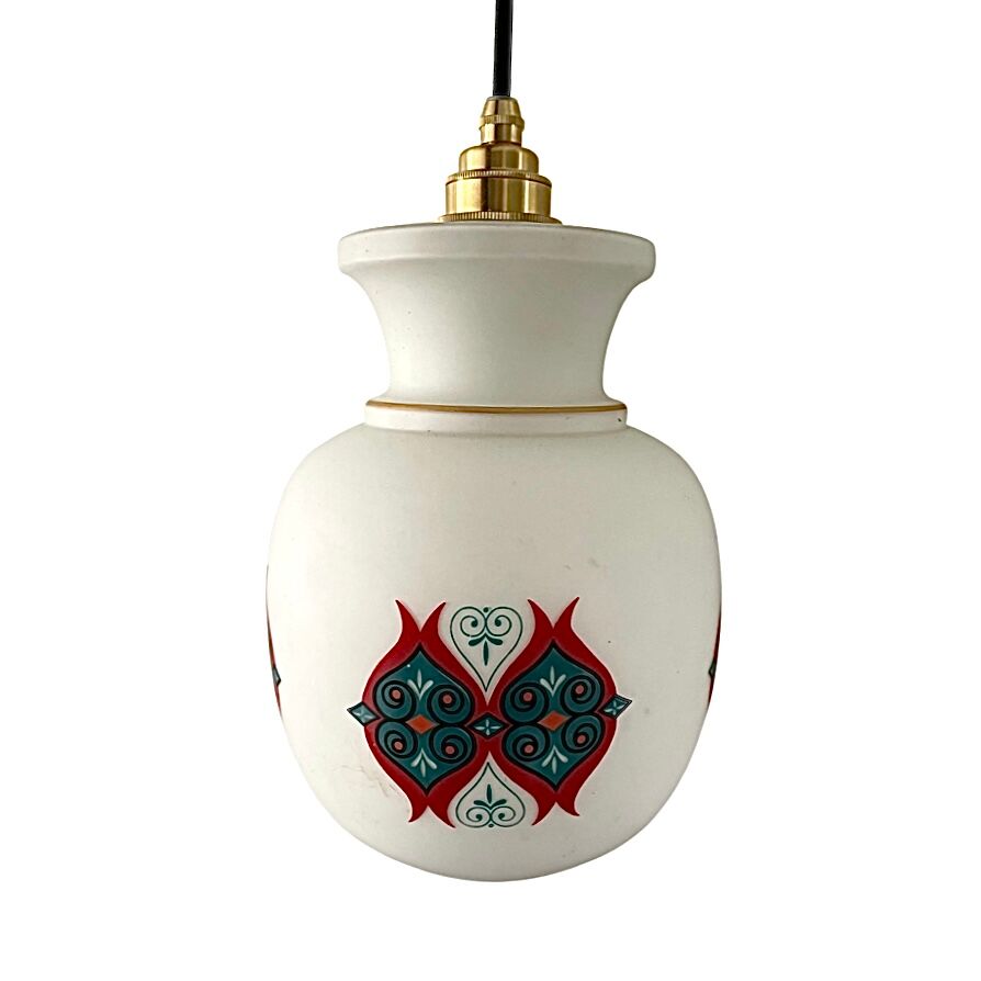 Vintage suspension lamp in white opaline decorated electrified to nine