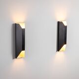 Architectural pair of vintage black metal wall lamps with angular geometric
