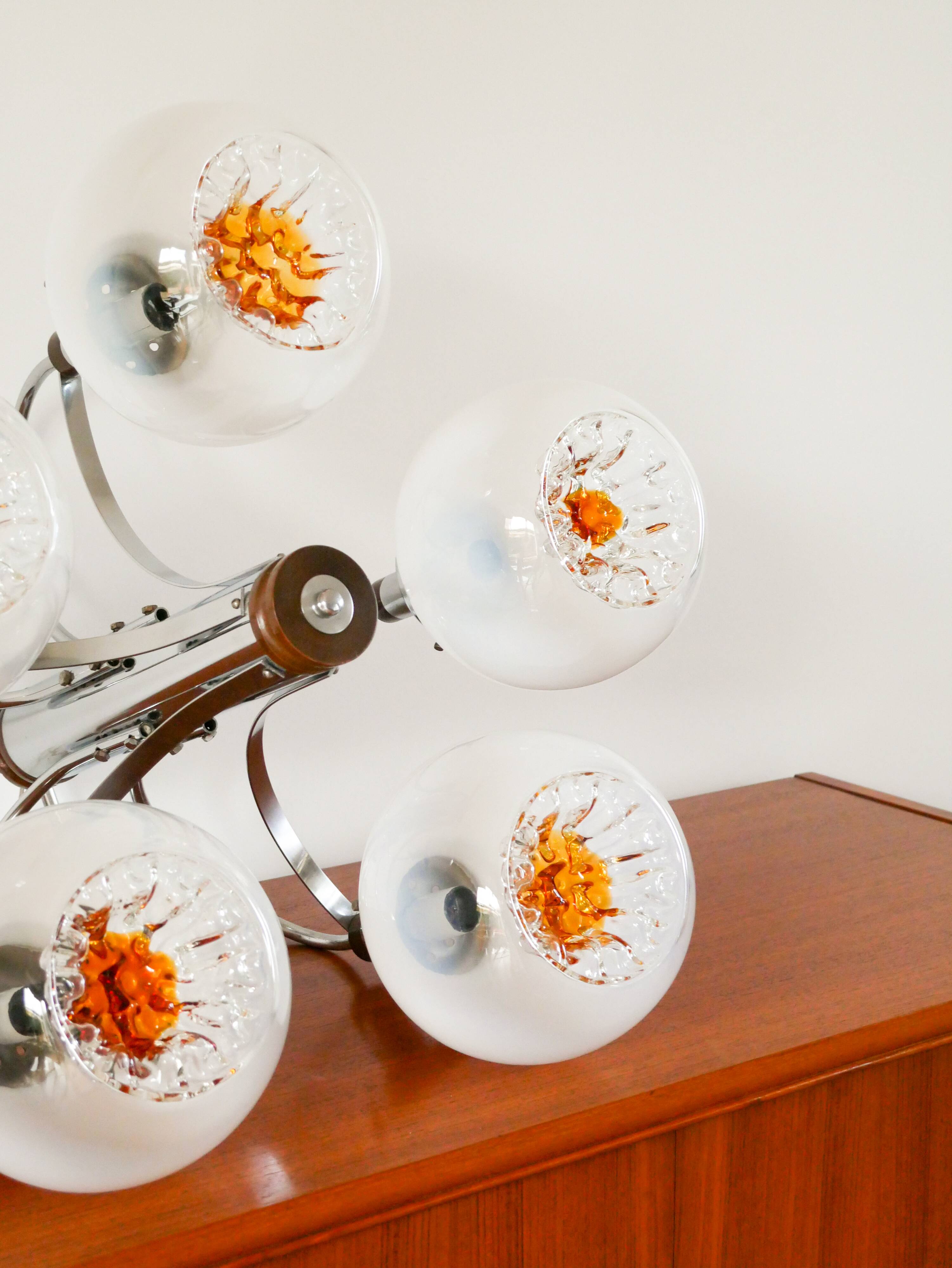 Chandelier Gaetano Sciolari, 5 lights, in Murano glass, Opaline and Amber, 1970.