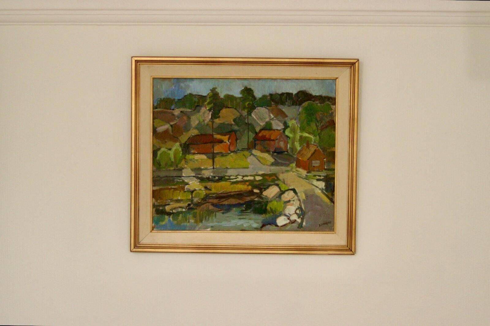 Original Swedish Oil On Panel – "Village" By Bertil Lundqvist – Signed – Vintage & Framed