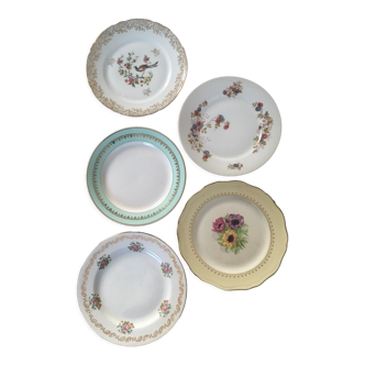 Set of 5 plates mismatched flowers & gold