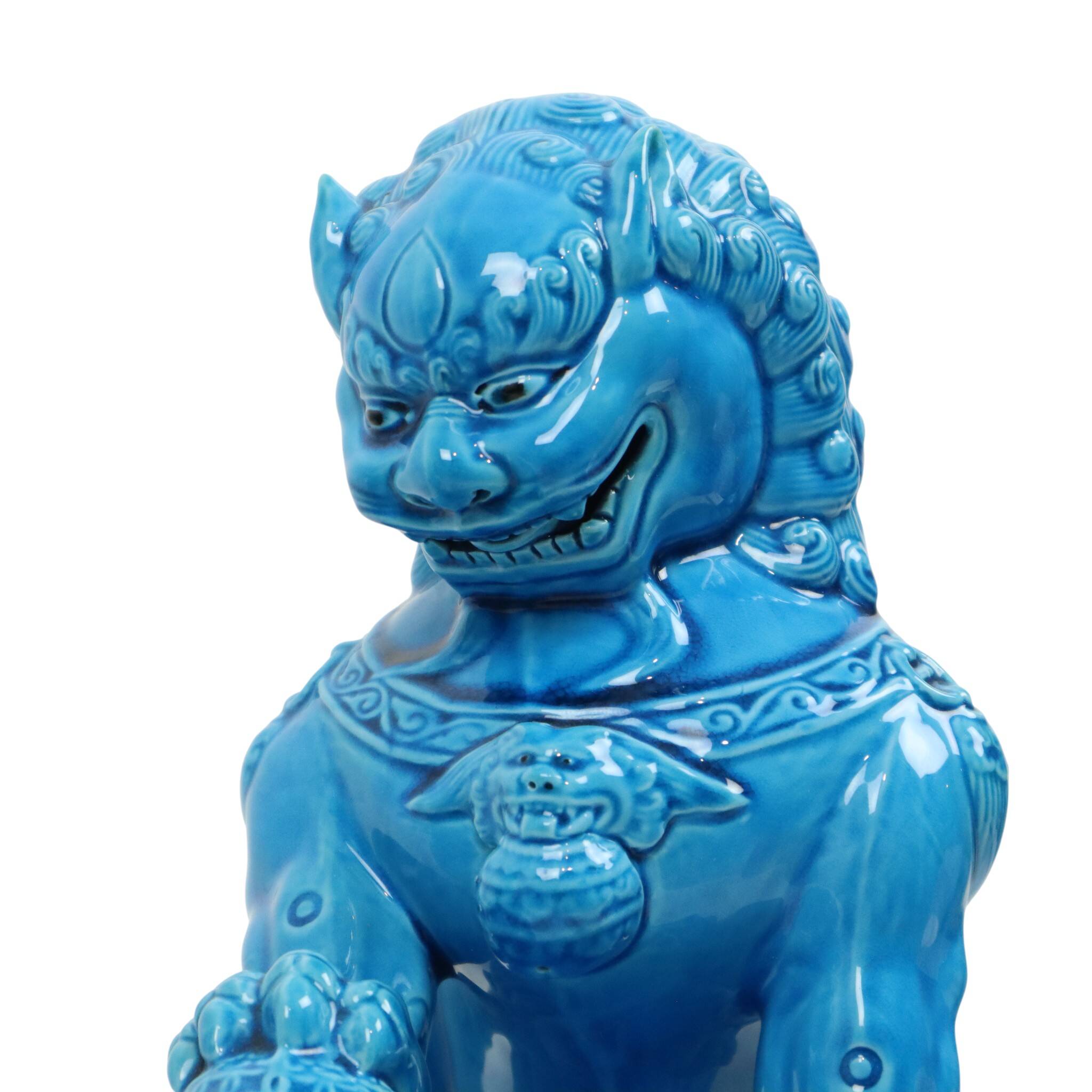 Large Temple Lion Statues Foo Dogs Blue Porcelain 25cm