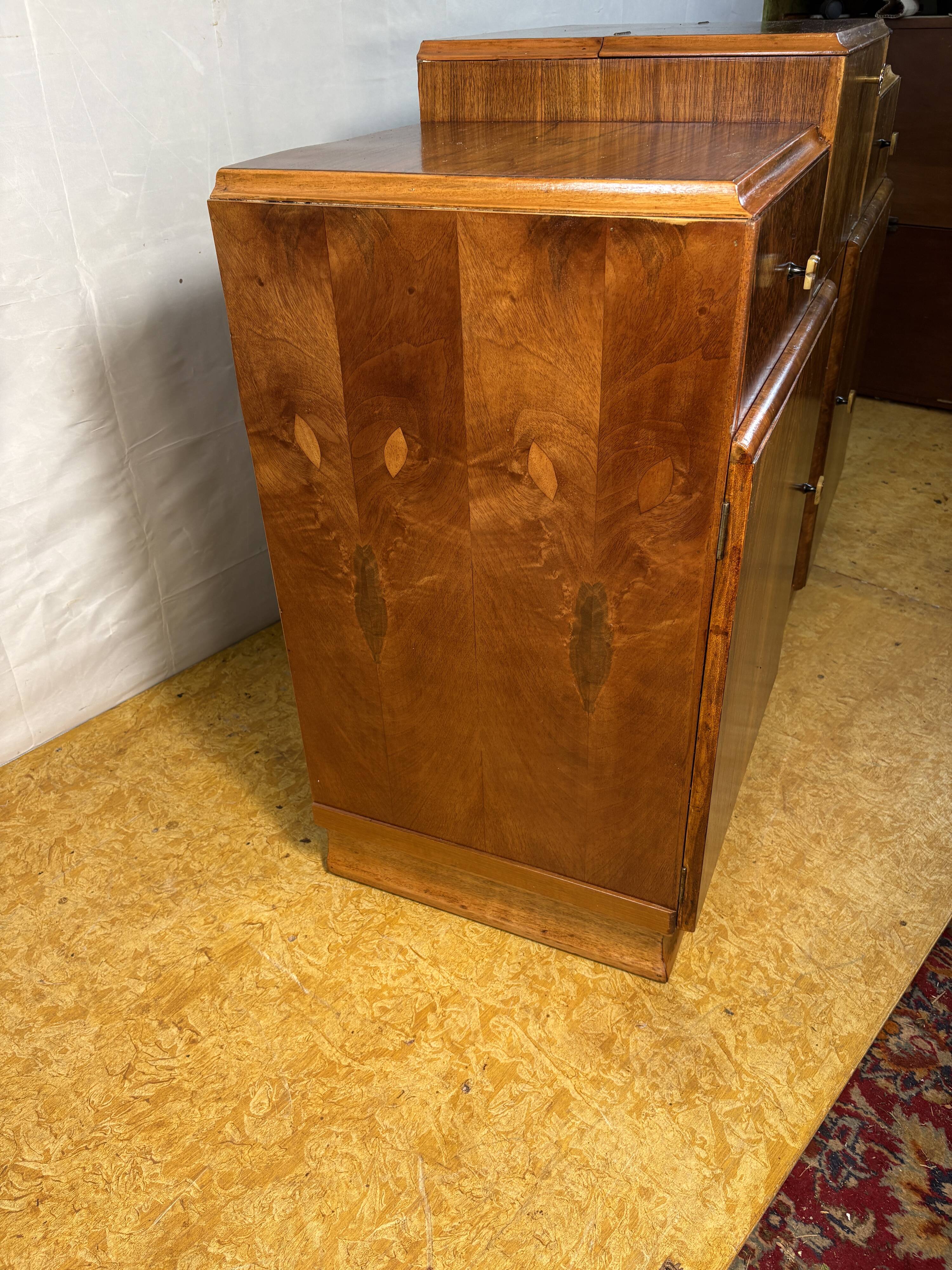 Art Deco English Burr Walnut Cocktail Sideboard – Circa 1930s  A stunning o