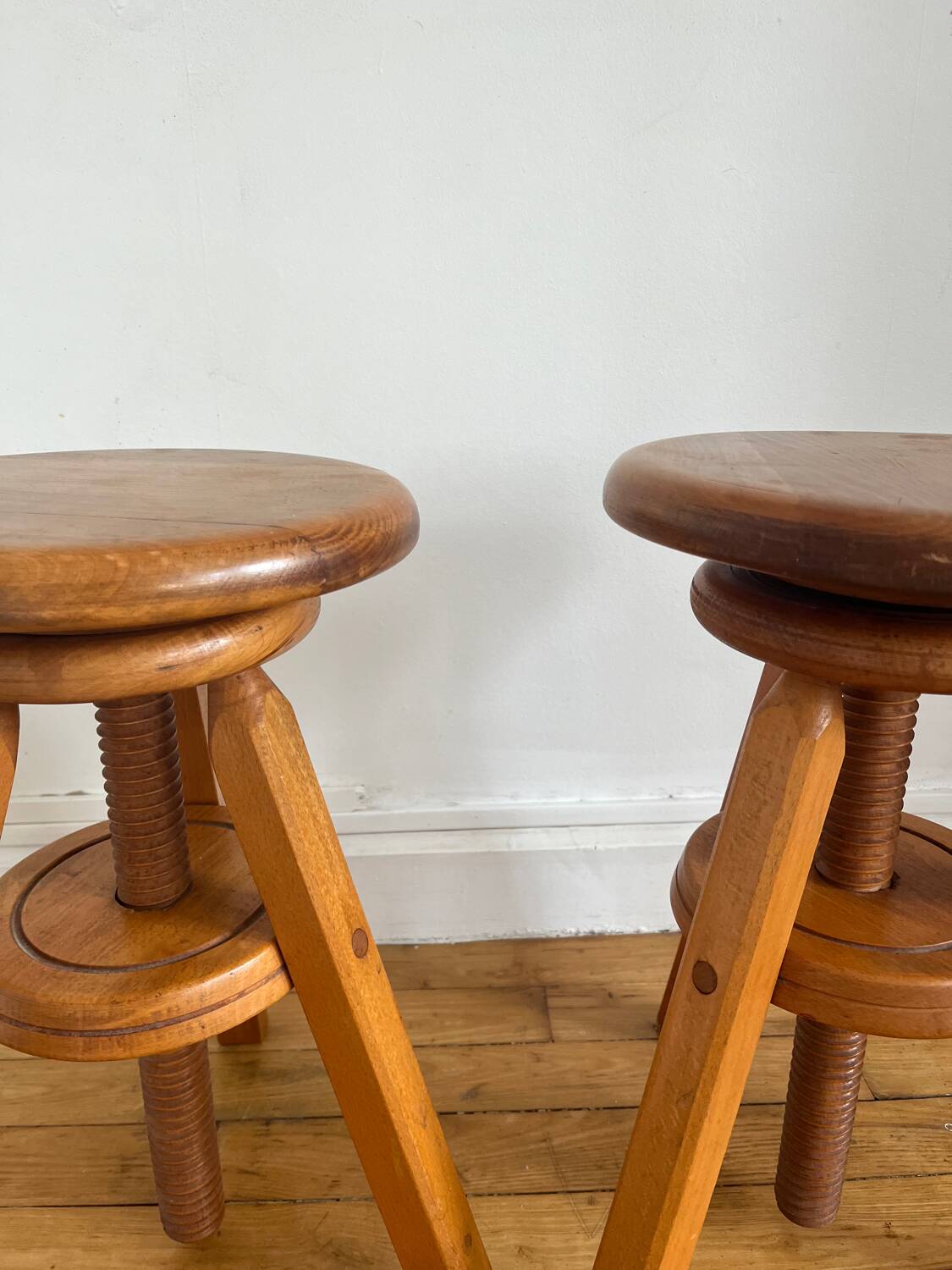 Pair of solid wood screw stools