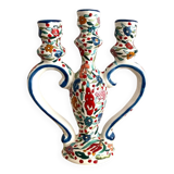 Three-branch candle holder in antique hand-painted ceramic