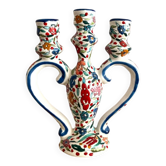 Three-branch candle holder in antique hand-painted ceramic