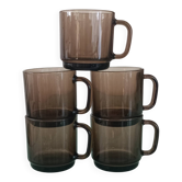 5 mugs vintage Duralex en verre fumé brun – années 70