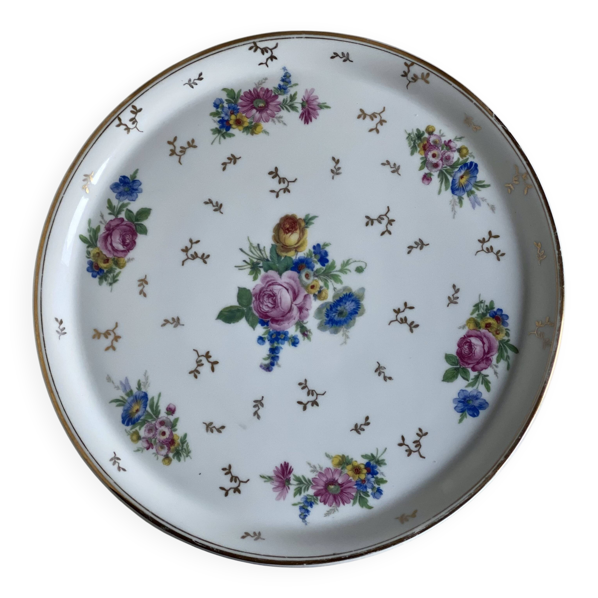 Limoges porcelain pie dish, Art Deco style, flowers and gold
