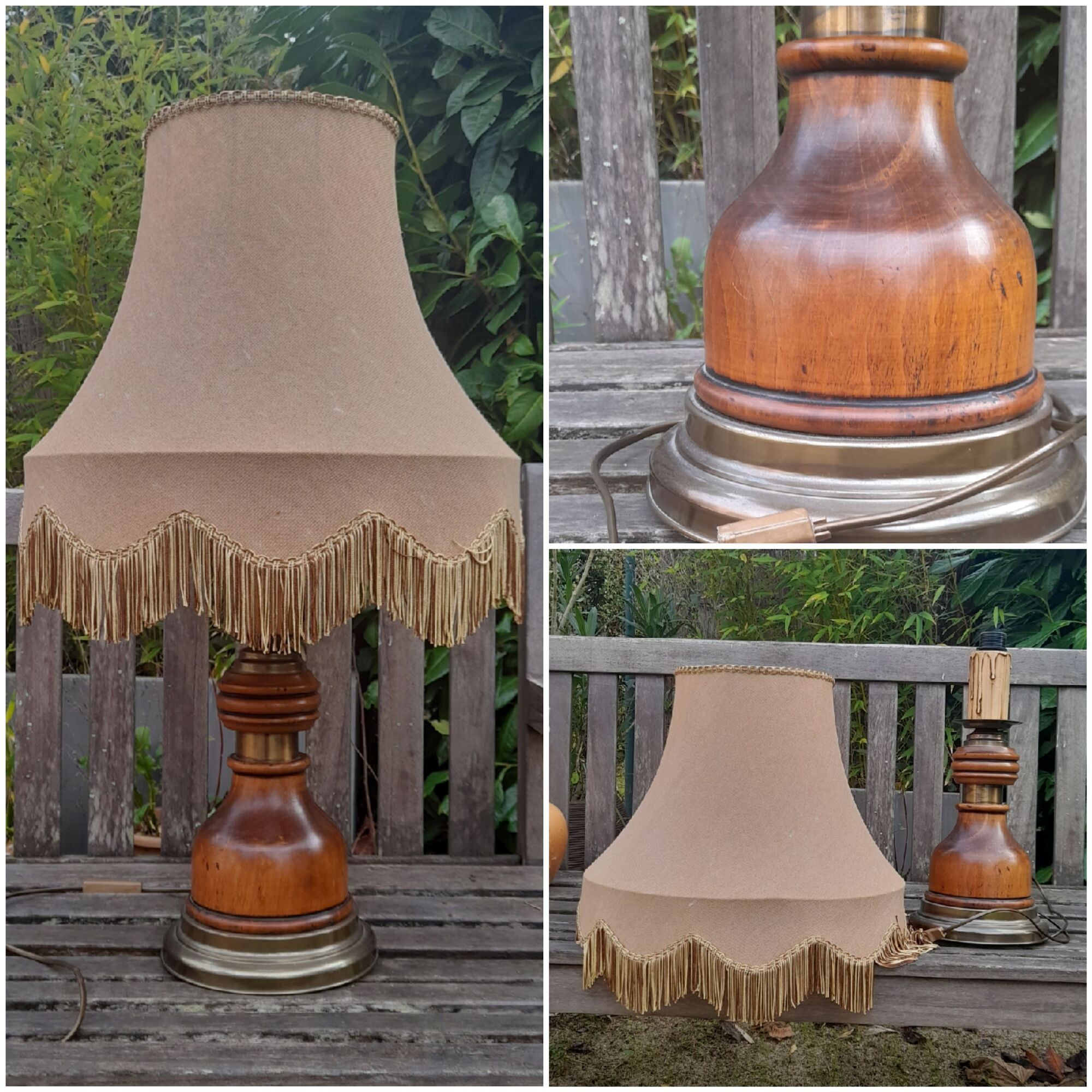 Large rustic table lamp foot wood & brass, lampshade pagoda beige fabric, years 50/60