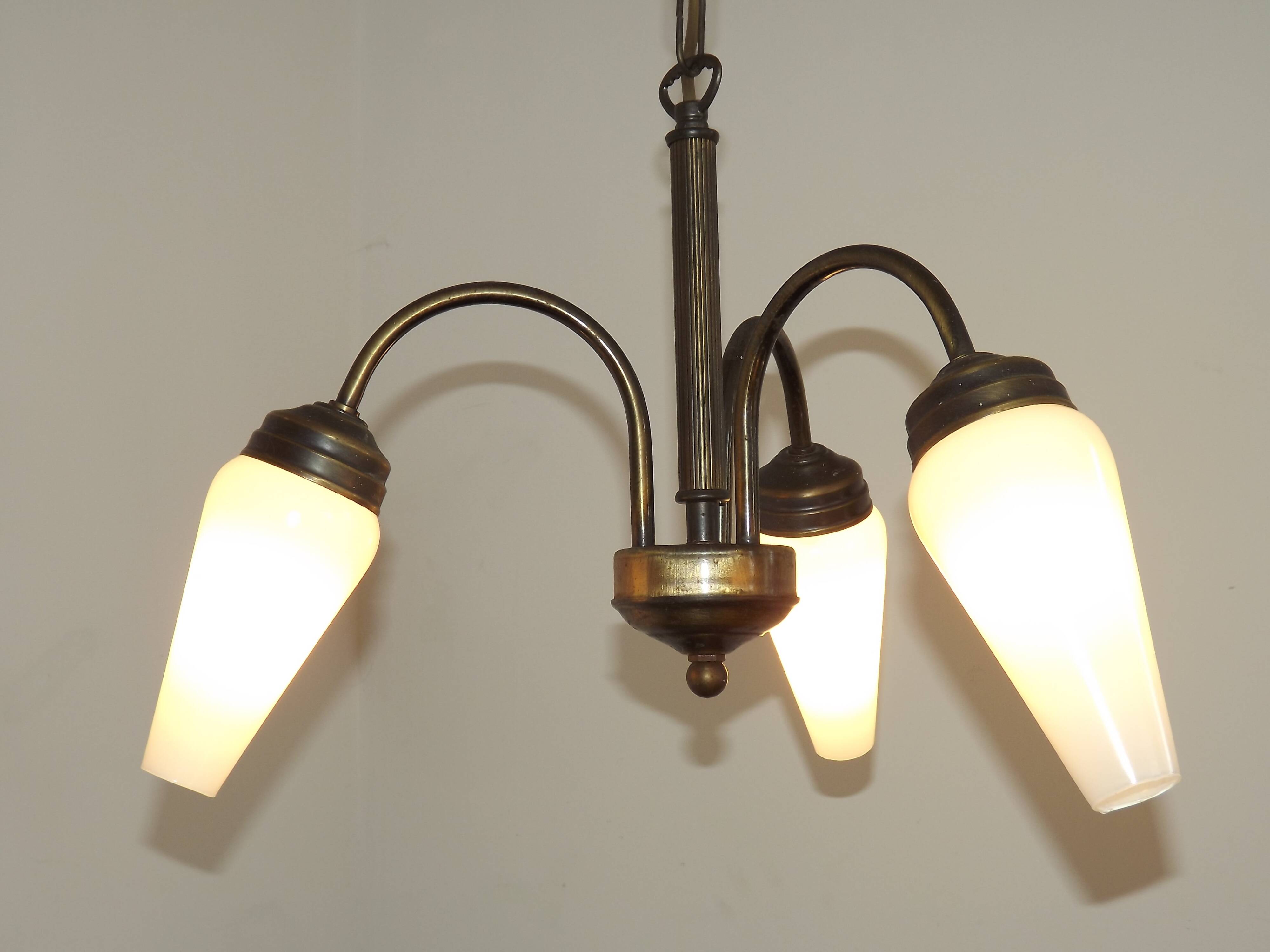 French Vintage Retro Bronze Effect Metal 3 Light Chandelier Glass Shade