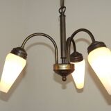 French Vintage Retro Bronze Effect Metal 3 Light Chandelier Glass Shade