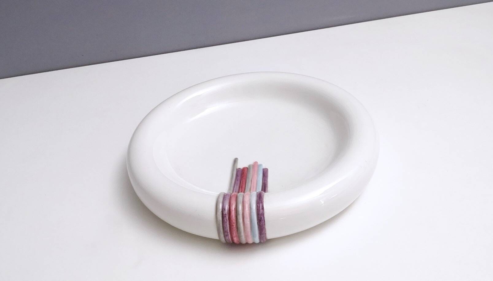Round White Ceramic Catchall by Ambrogio Pozzi with Hand Painted Details, I