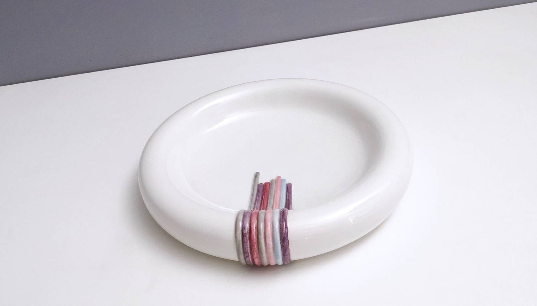 Round White Ceramic Catchall by Ambrogio Pozzi with Hand Painted Details, I