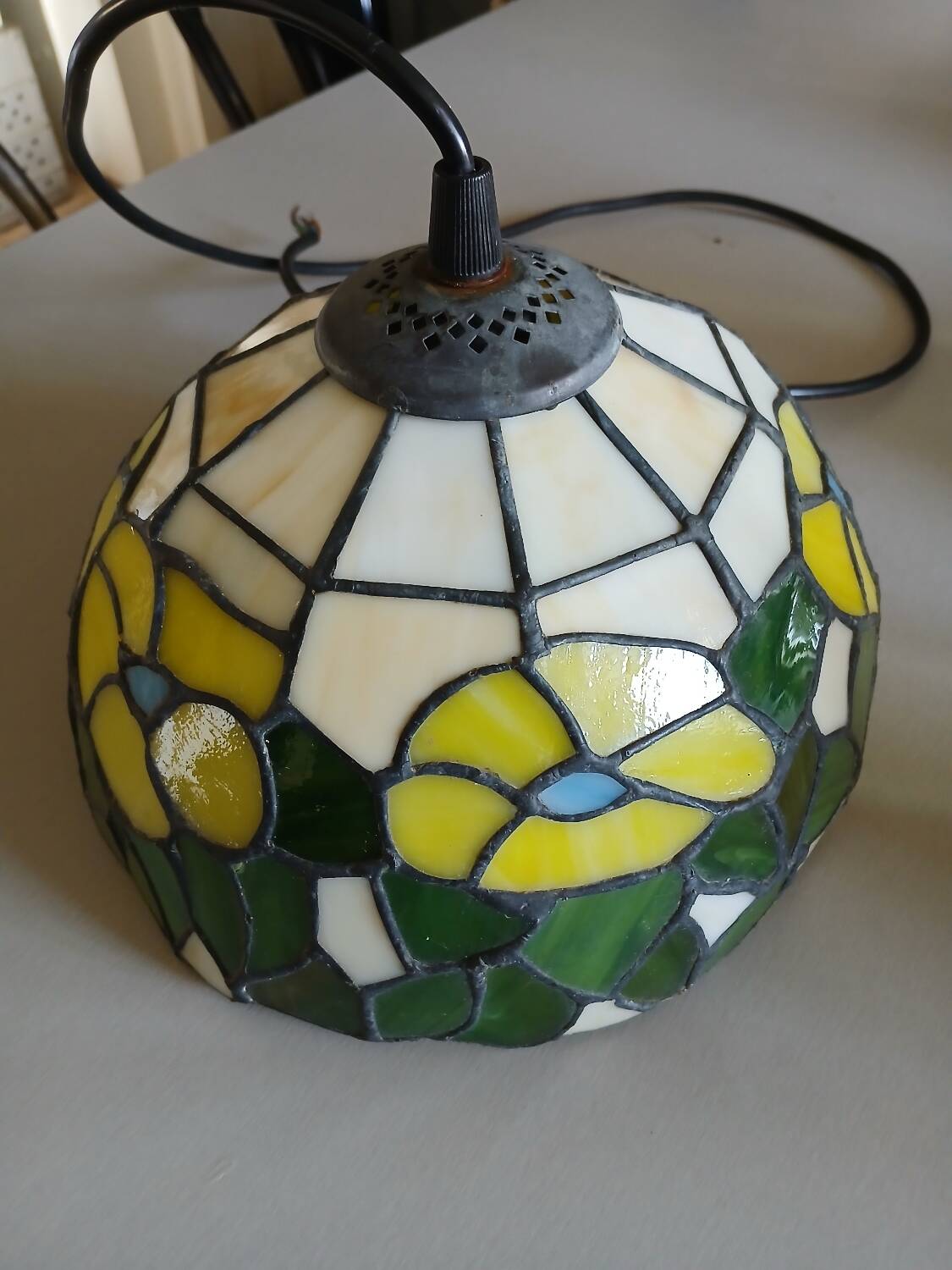 Antique stained glass and tin pendant light