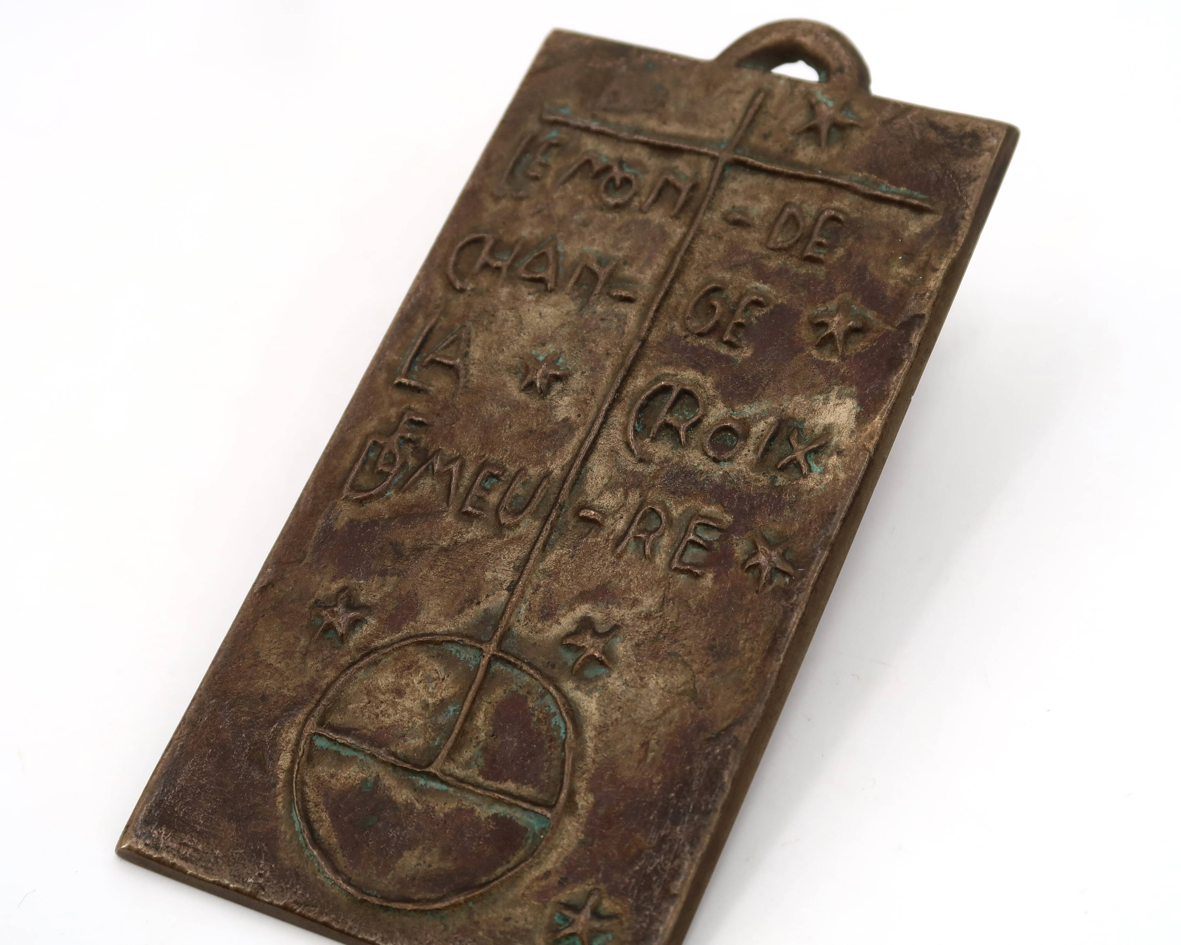 Modernist bronze wall religious plaque with saying, 1950s.