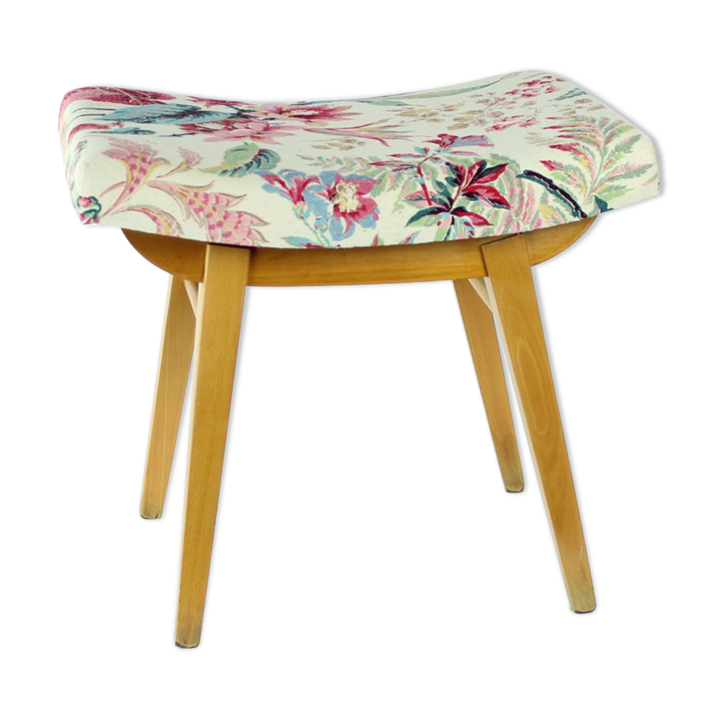 Tabouret mid century en chêne et lin, Ton Tchécoslovaquie années 1960