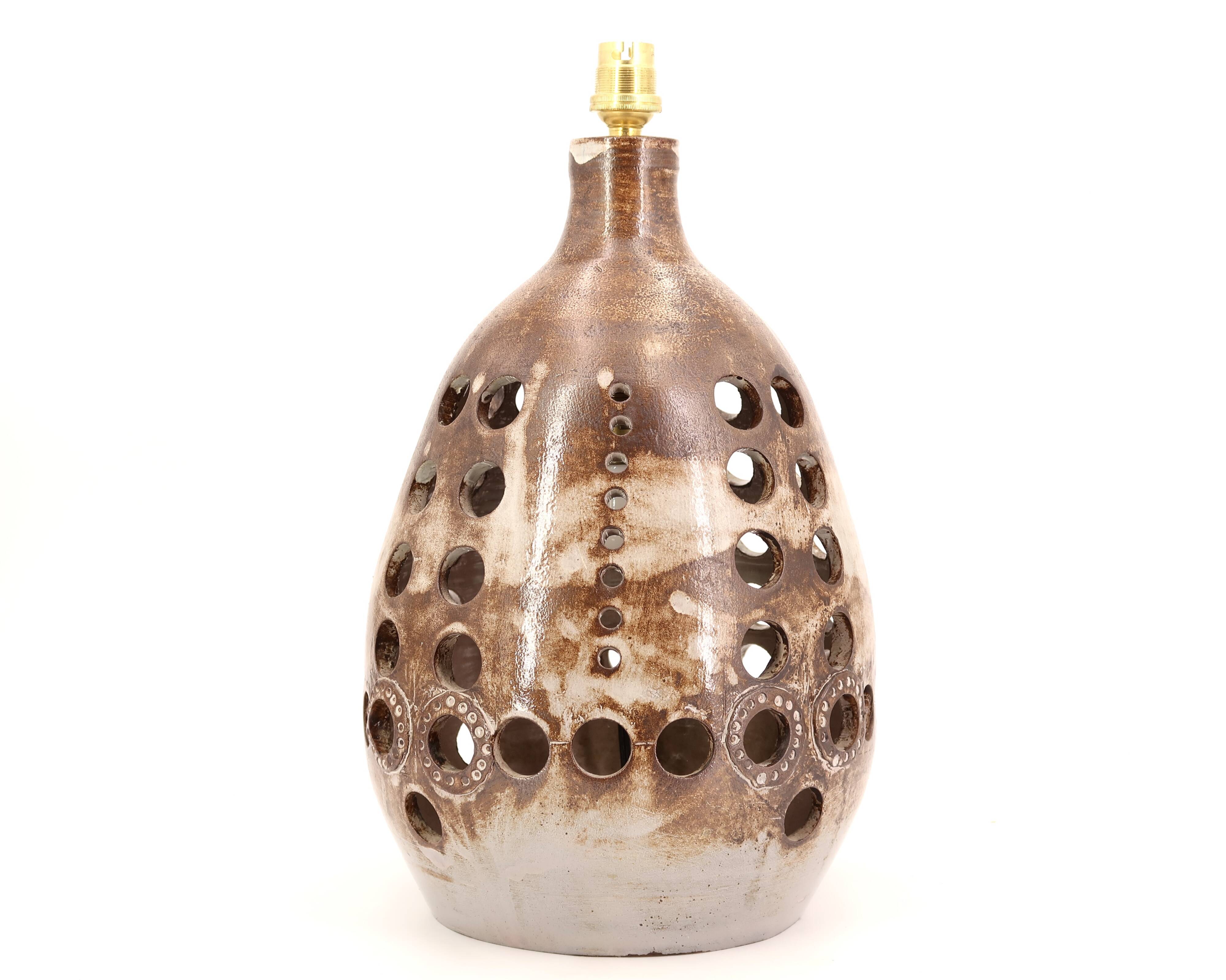 Large brown ceramic lamp signed, 1970s