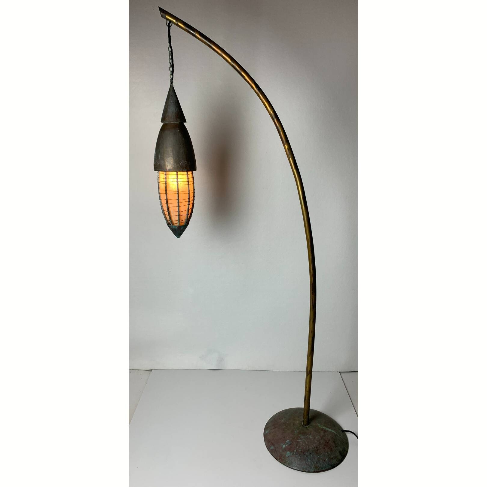 Patinated rustic copper and steel floor lamp with lantern, Indonesia 1980s