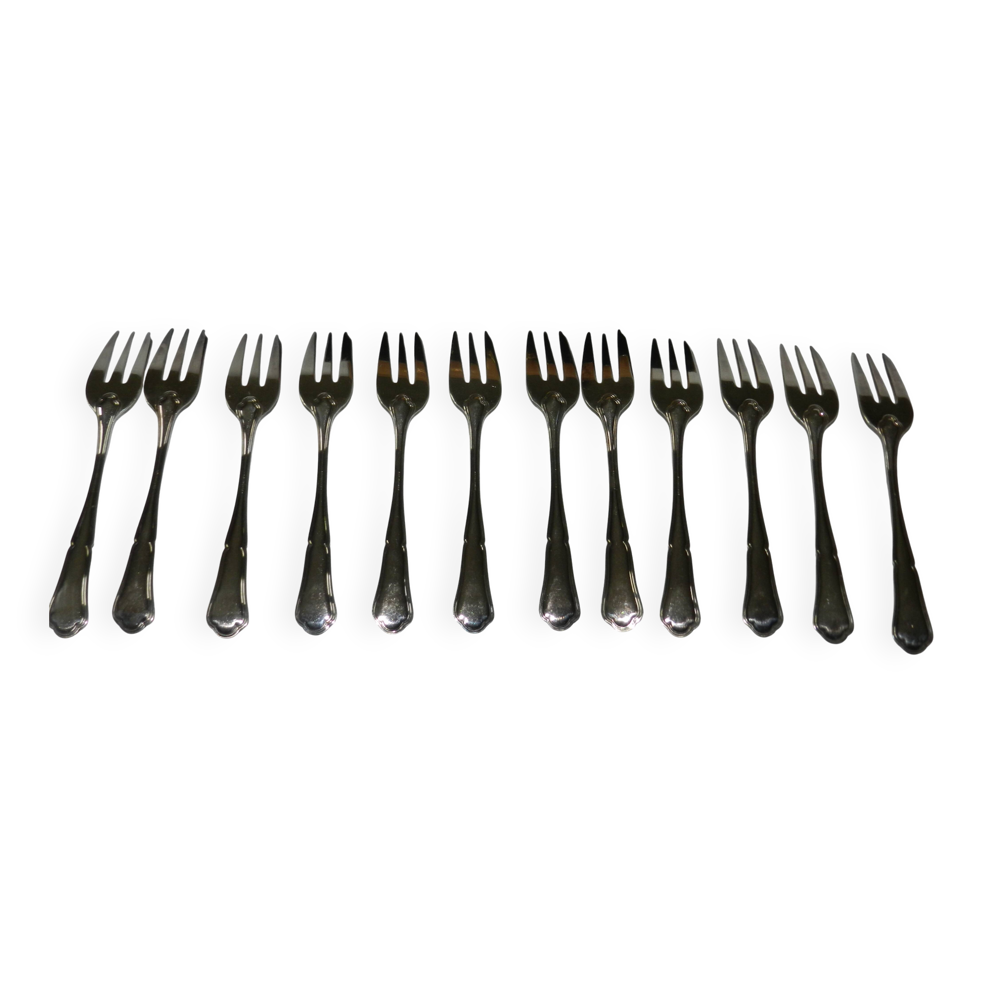 Coffret 12 Fourchettes à Gâteaux Louis XV Argenté, Orfèvre EB Sablier – Vintage France