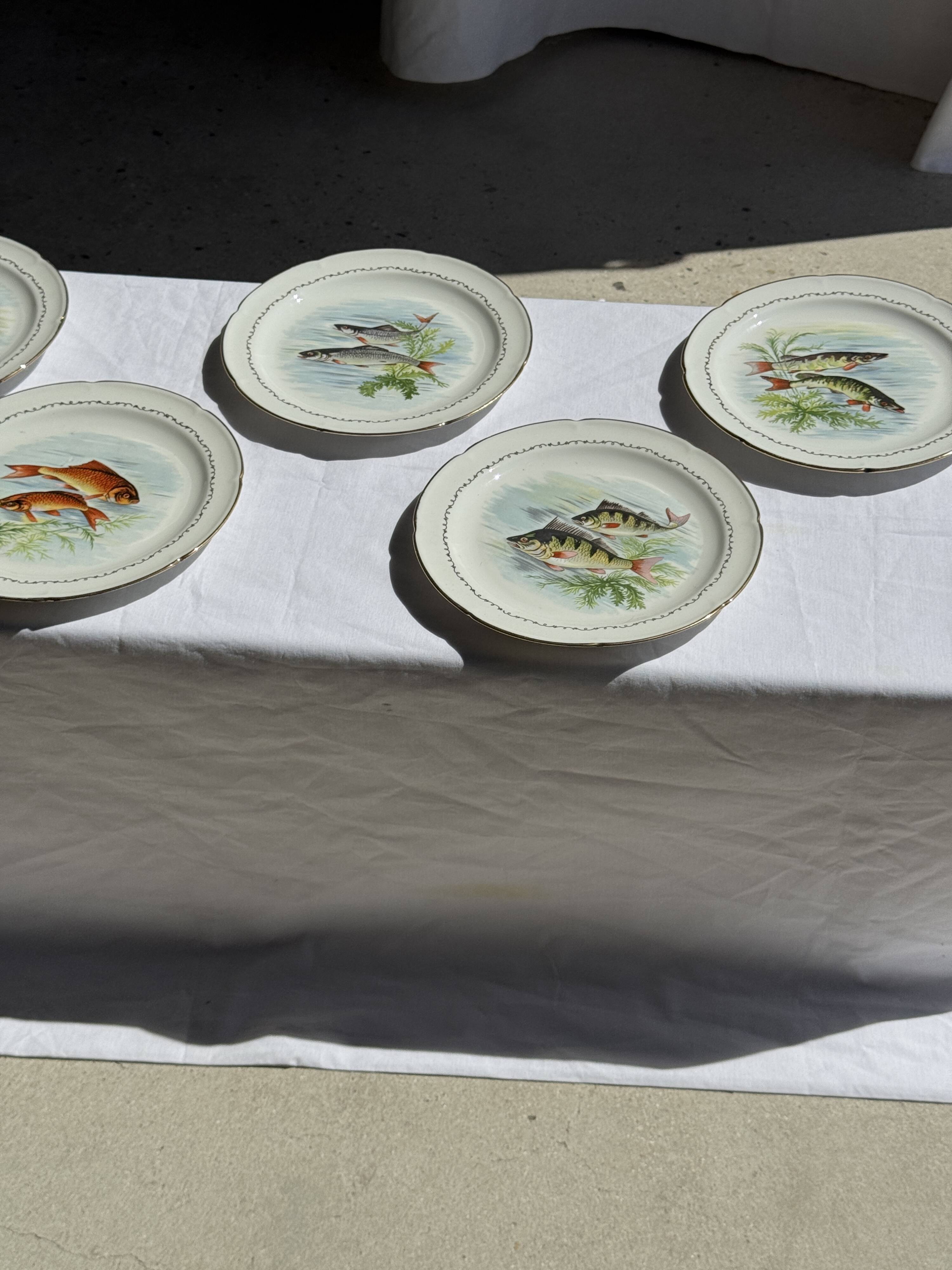 Set of 6 vintage Limoges porcelain plates with fish design.
