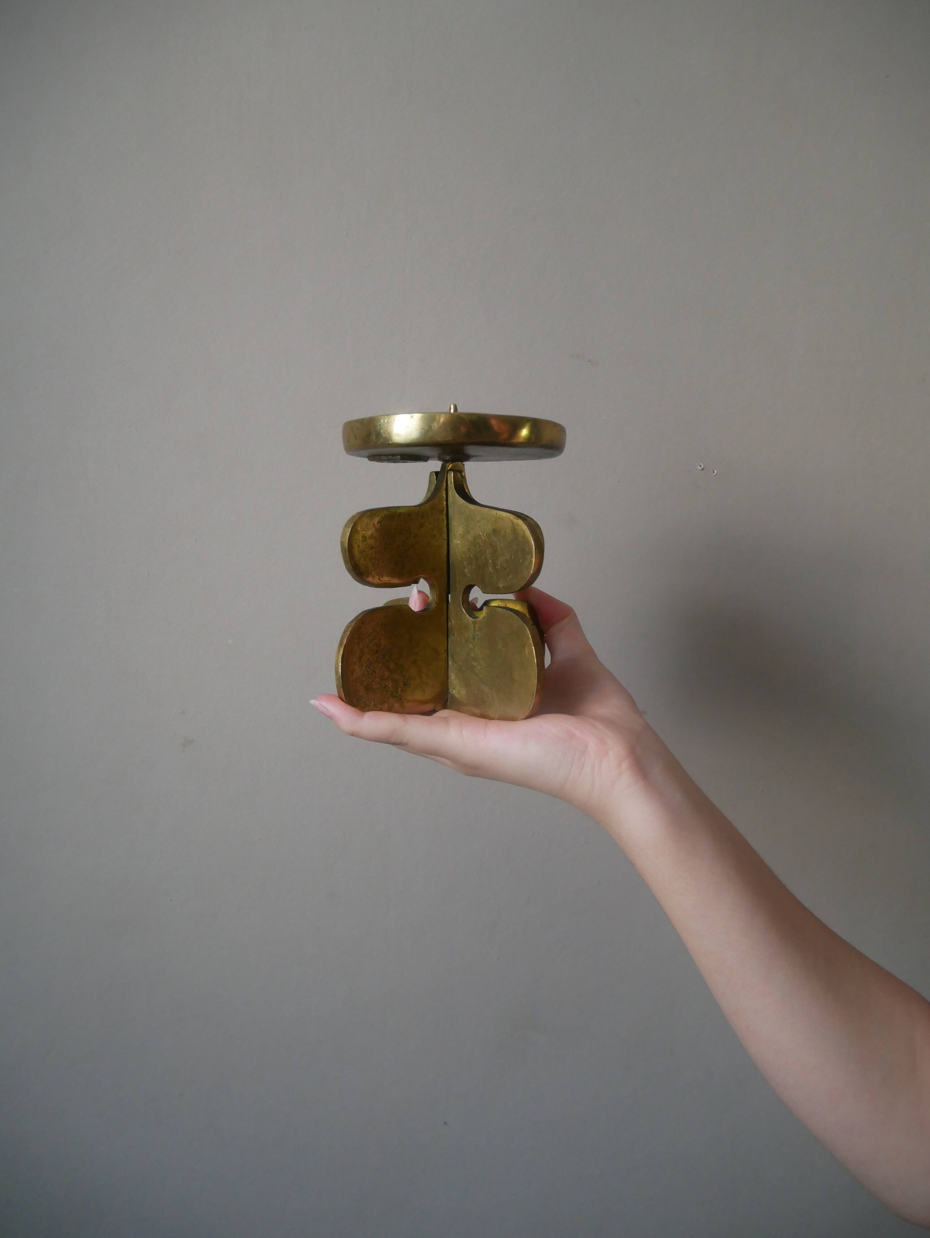 Brutalist brass candle holder, golden metal chandelier, vintage Scandinavian design.