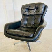 Vintage Danish swivel chair in black leather by Bramin
