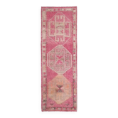 1970s Vintage Turkish Hand-Knotted Wool Cotton Pink Runner Rug 90x272