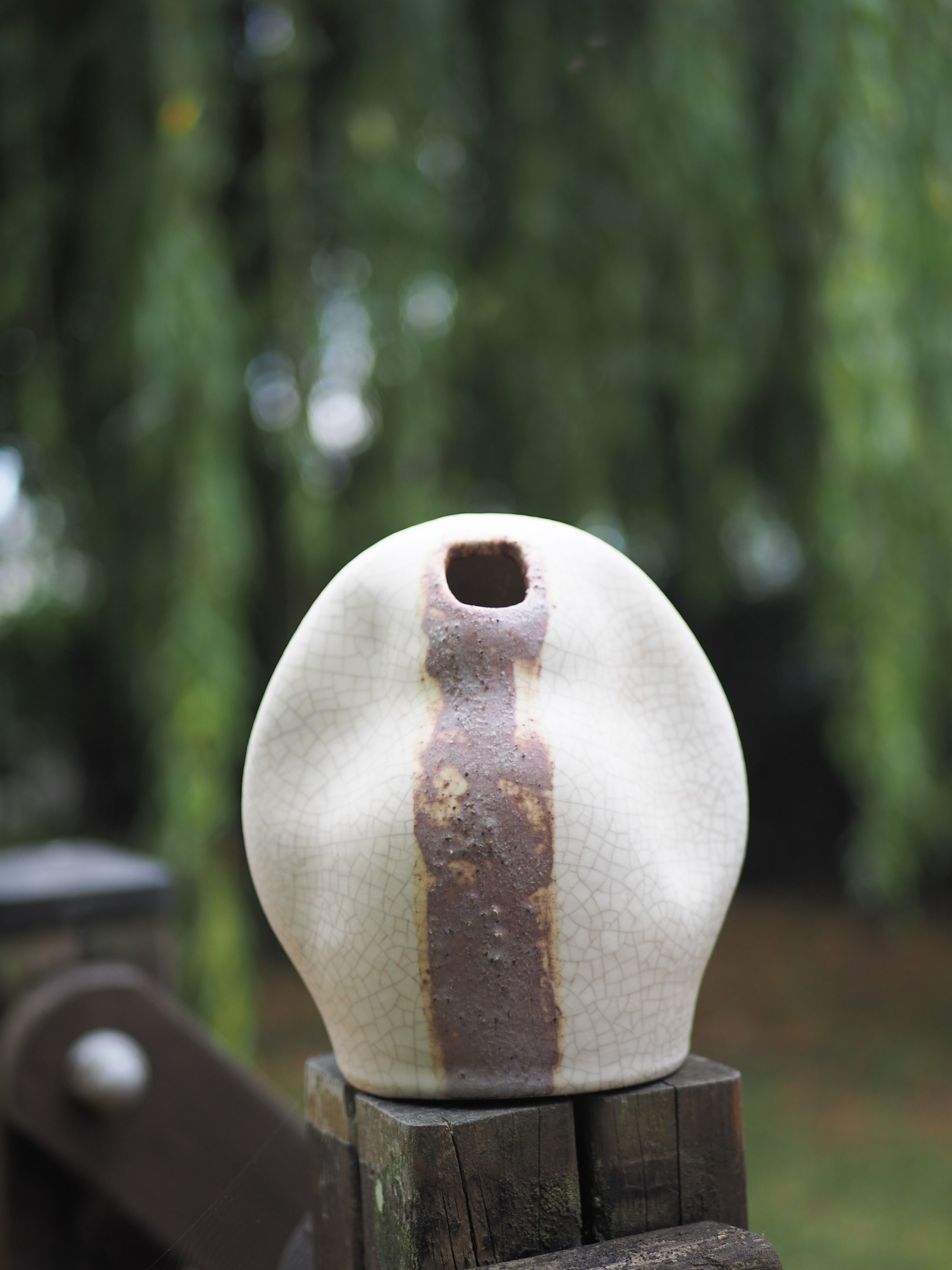 Free-form Soliflore - cracked white enamel - organic ceramic - 80s