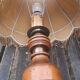 Large rustic table lamp foot wood & brass, lampshade pagoda beige fabric, years 50/60