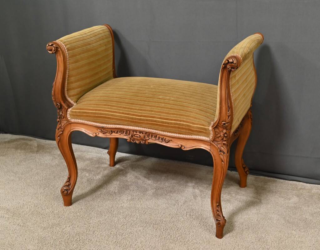 Small Louis XV Style Bench with Armrests in Blond Mahogany – 1920