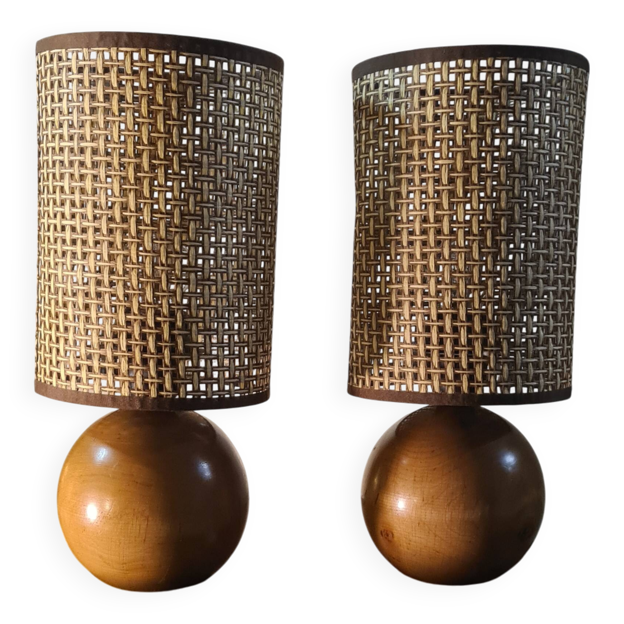 pair of Scandinavian wooden ball bedside lamps elec ok 32x14
