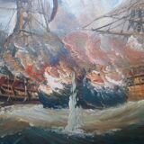 Painting battleship engaged in naval combat world war 2