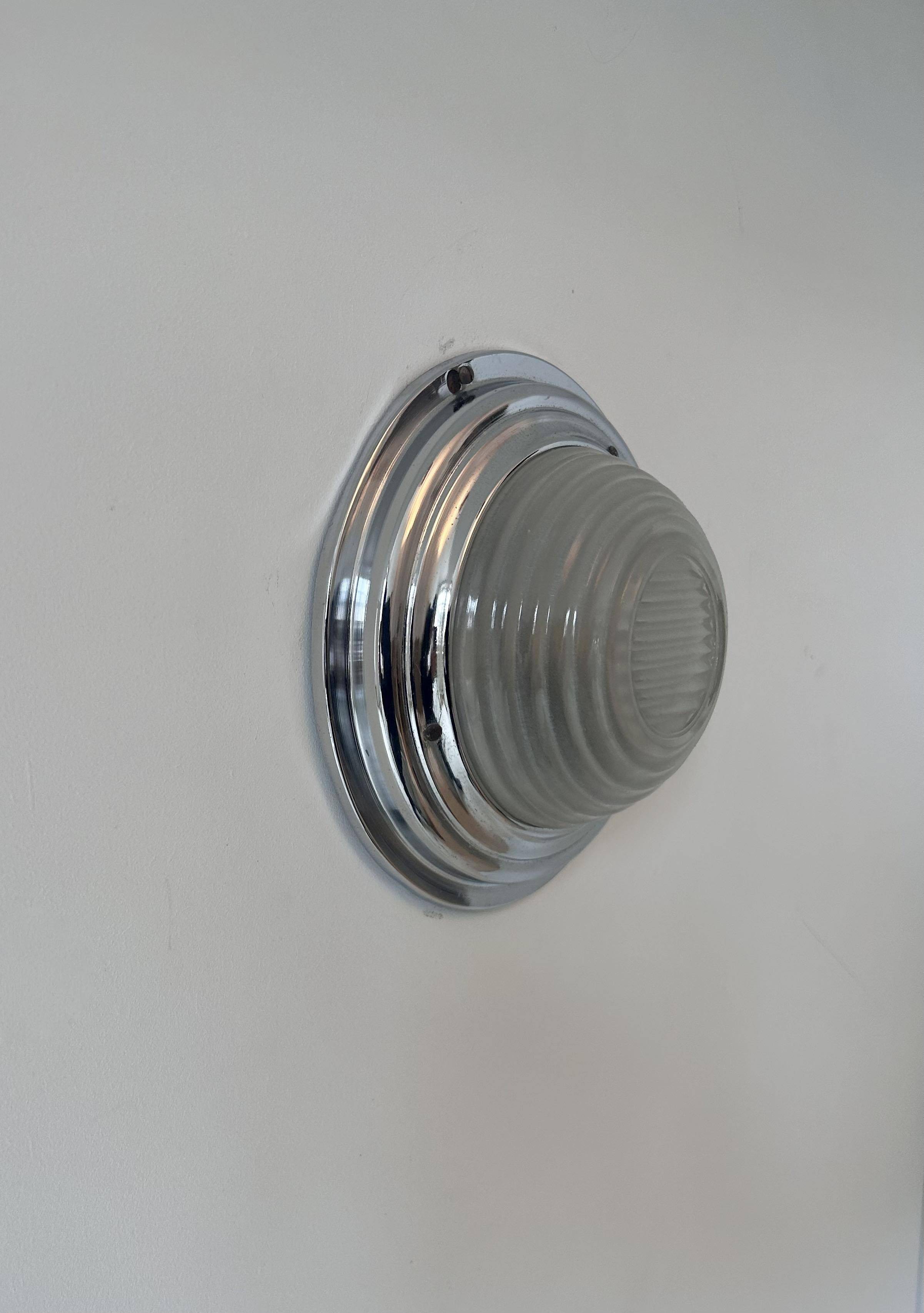 Vintage modernist wall lamp, chrome and sandblasted glass, France 1930