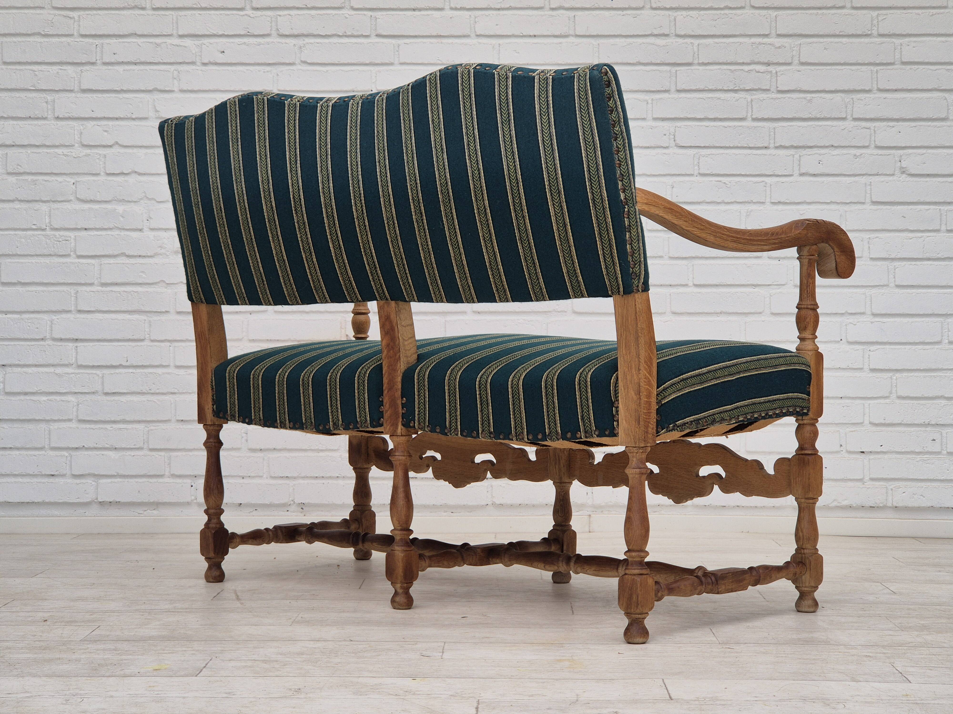 1960s, Danish 2 seater sofa, original condition, furniture wool fabric, solid oak wood.