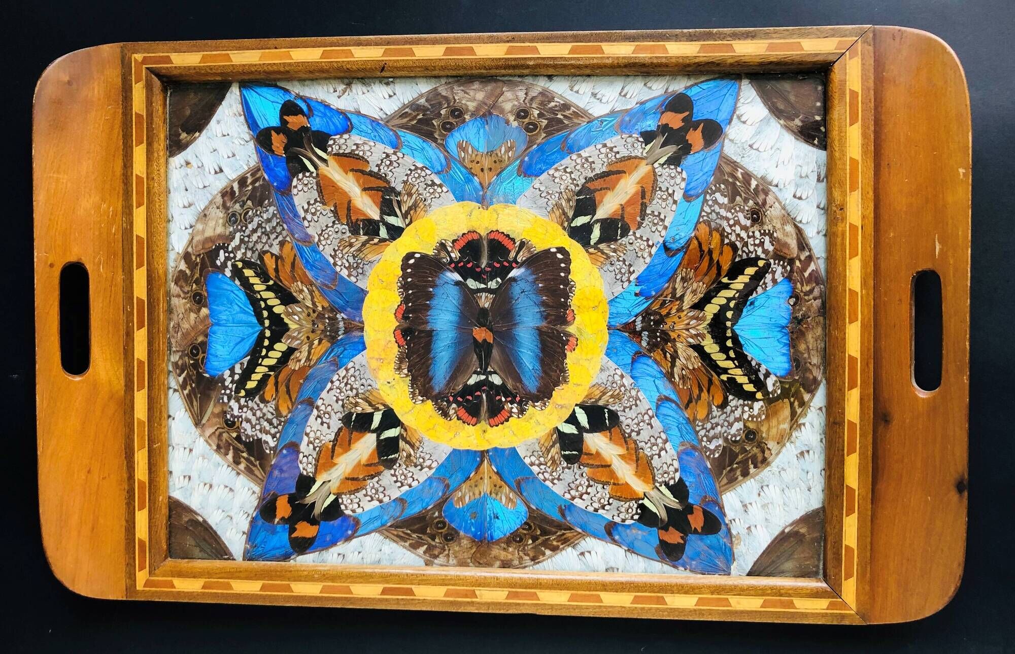Plateau vintage en bois à décor en ailes de papillons
