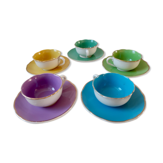 Set of 5 cups and colorful sub-cups Digoin Sarreguemines