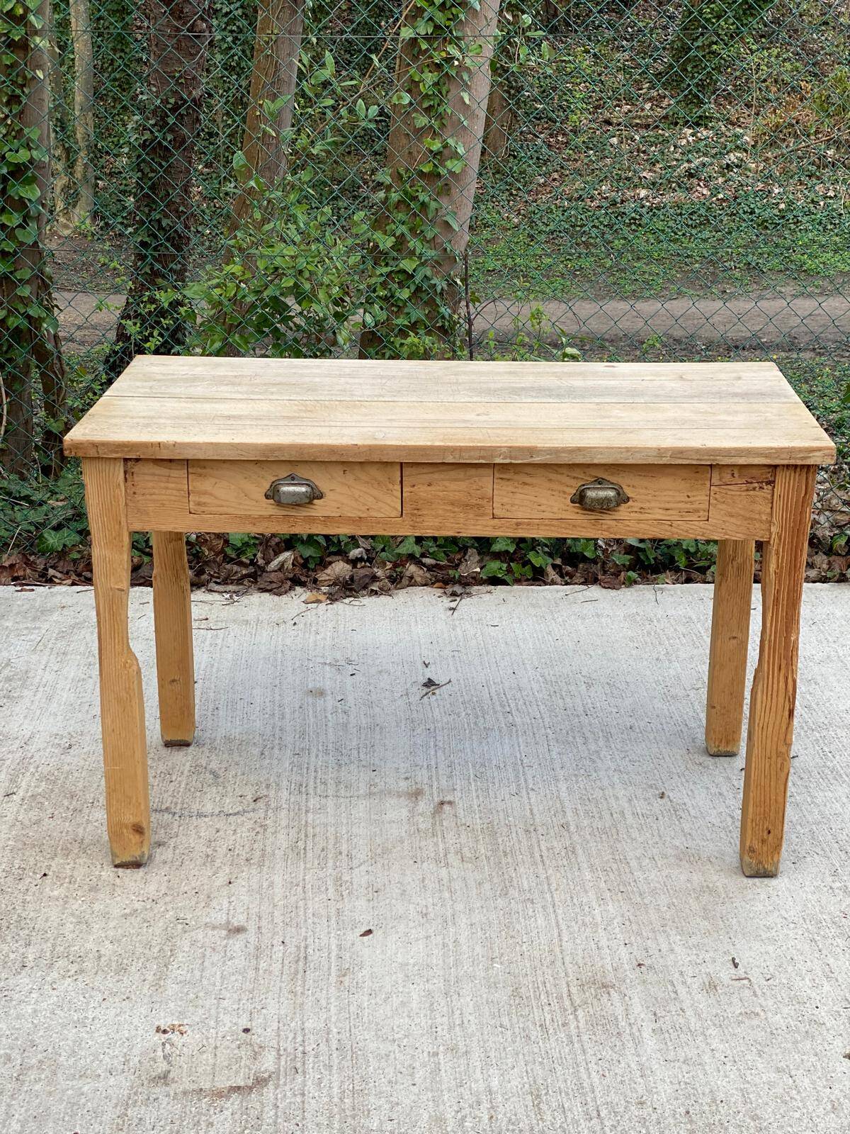 Renovated Parisian desk in raw solid wood with 2 drawers