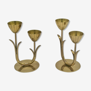 Pair of brass flower candlesticks, Gunnar Ander, Sweden 1960