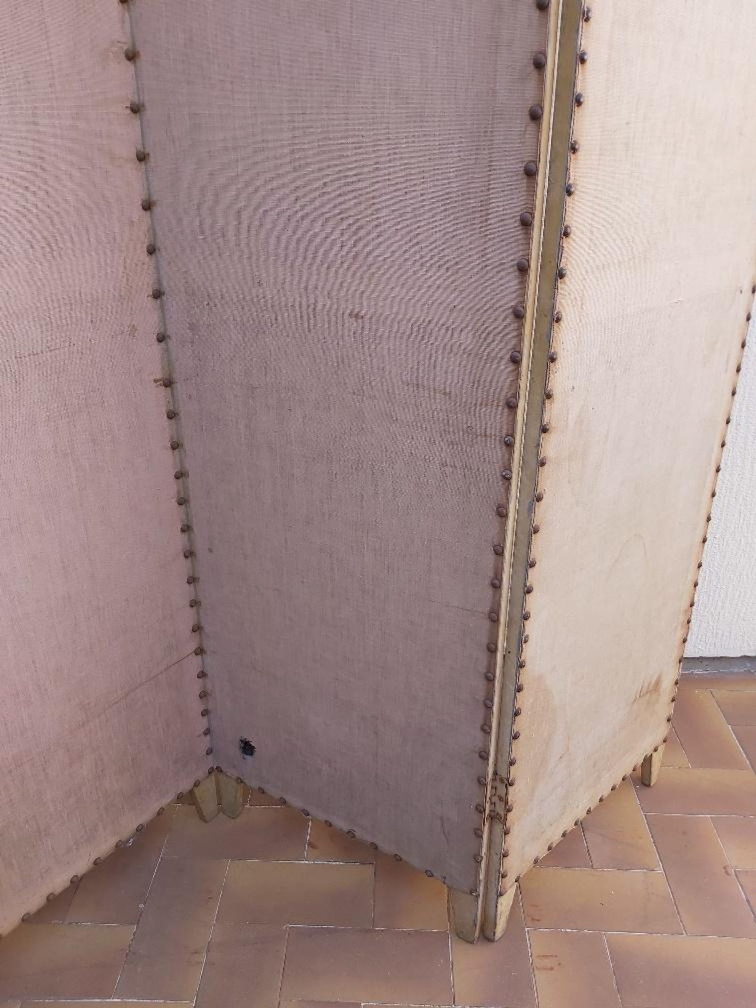 Paravent ancien 4 feuilles bois et tissu