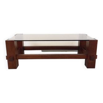 Vintage Italian coffee table Fontana Arte Editions in wood and smoked glass from the years