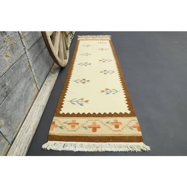 1970s Turkish Oushak Handmade Wool Cotton Beige Runner 71x283